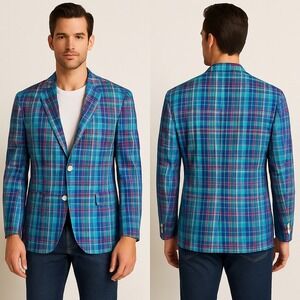 Saddlebred 46R Men's Plaid‎ Sport Coat Blazer Multi Color Cotton Blend